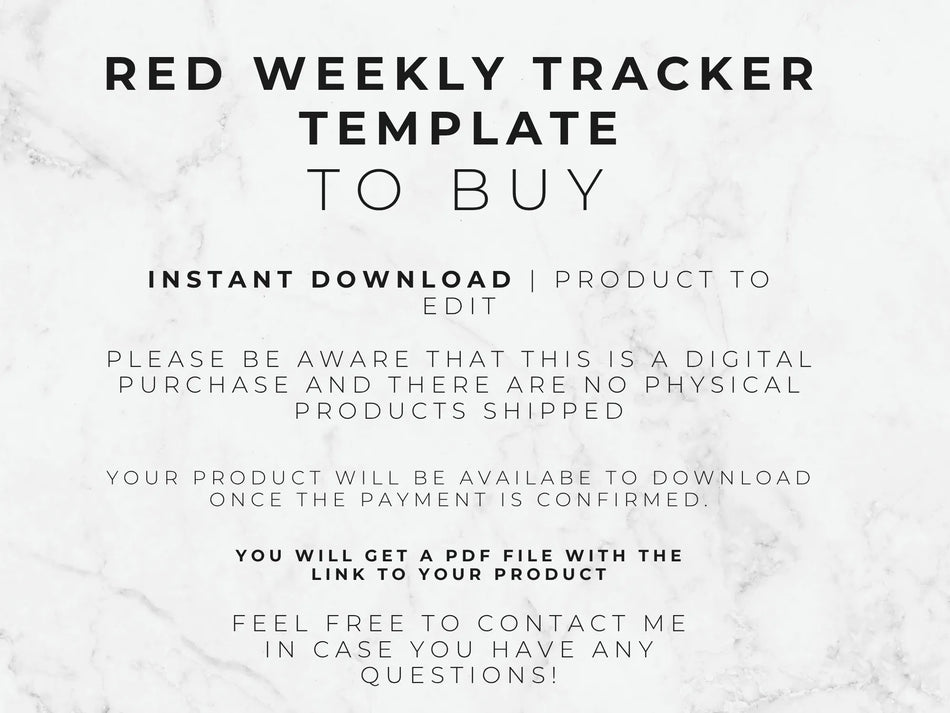 Text on a marble background describing a red weekly tracker template for purchase.