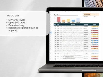 Laptop displaying a to-do list application with various features on a light gray background.