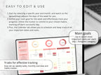Spreadsheet application on a laptop screen with text describing its features.