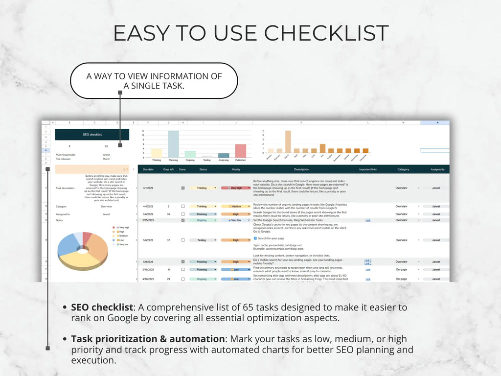 Checklist software interface with graphs and text on a light background