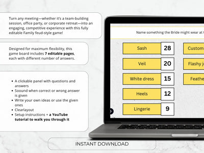 A digital game board template displayed on a laptop screen, with text callouts describing features such as editable pages, sound, and instant download. The game board includes fields for Sash, Veil, White dress, Heels, Lingerie, and other customizable options.