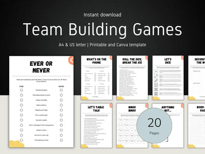 A promotional image showcasing the 20-page Team Building Games digital download, including printable and Canva-compatible formats.