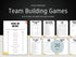 A promotional image showcasing the 20-page Team Building Games digital download, including printable and Canva-compatible formats.