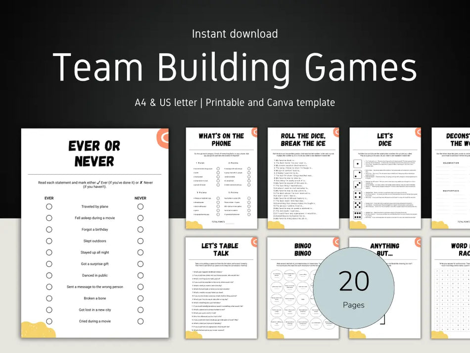A promotional image showcasing the 20-page Team Building Games digital download, including printable and Canva-compatible formats.