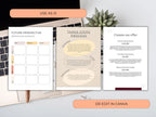 Three pages of a planner or document layout on a desk with a laptop and plant.