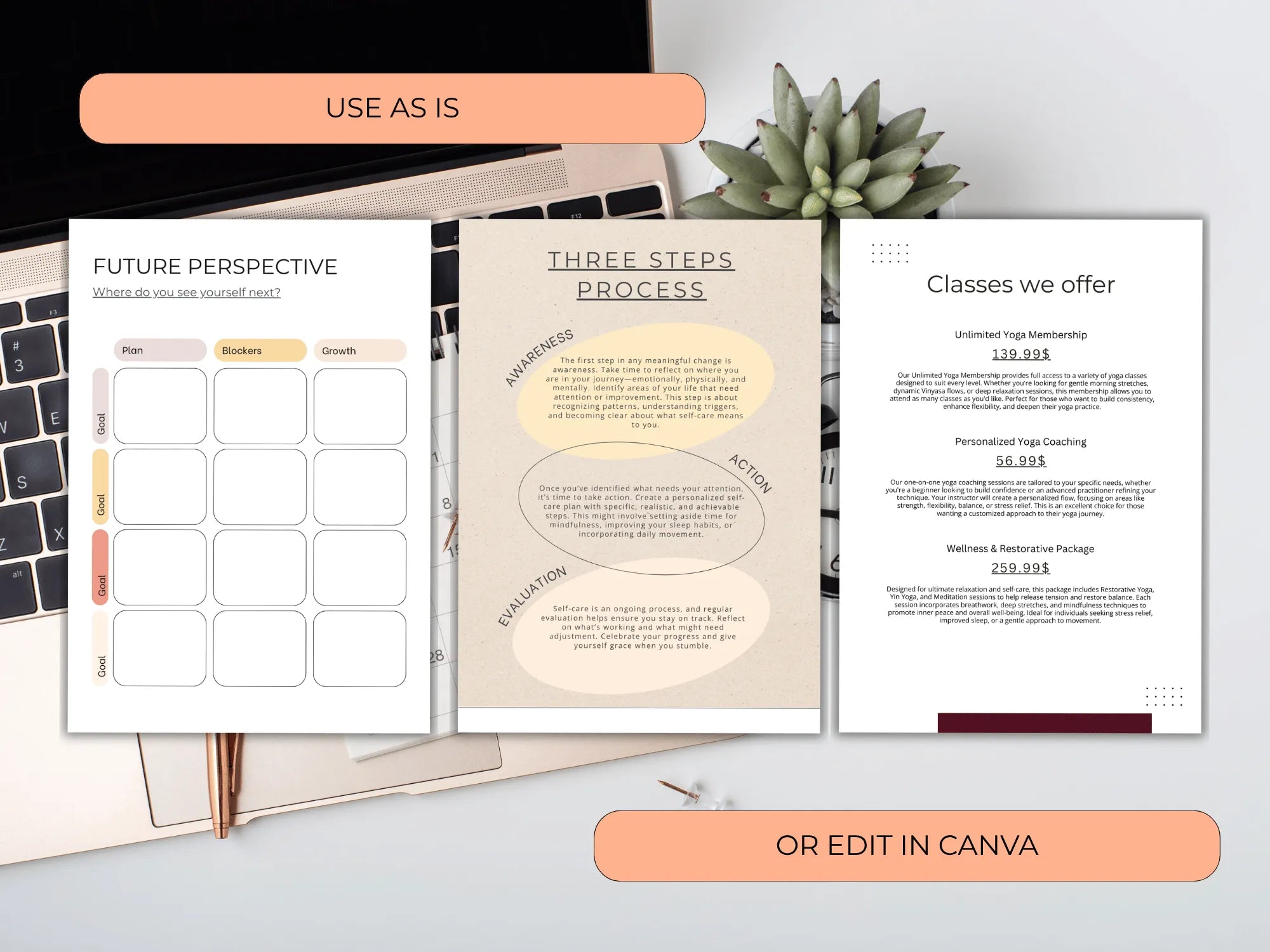 Three pages of a planner or document layout on a desk with a laptop and plant.