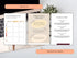 Three pages of a planner or document layout on a desk with a laptop and plant.