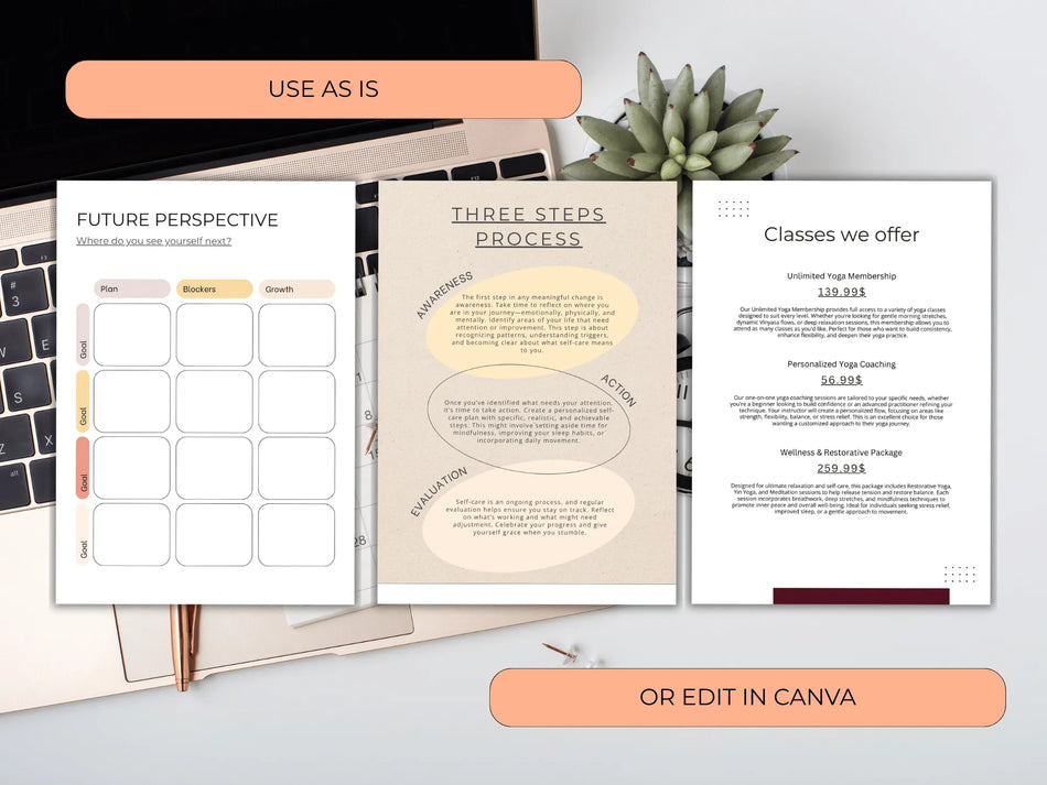 Three pages of a planner or document layout on a desk with a laptop and plant.