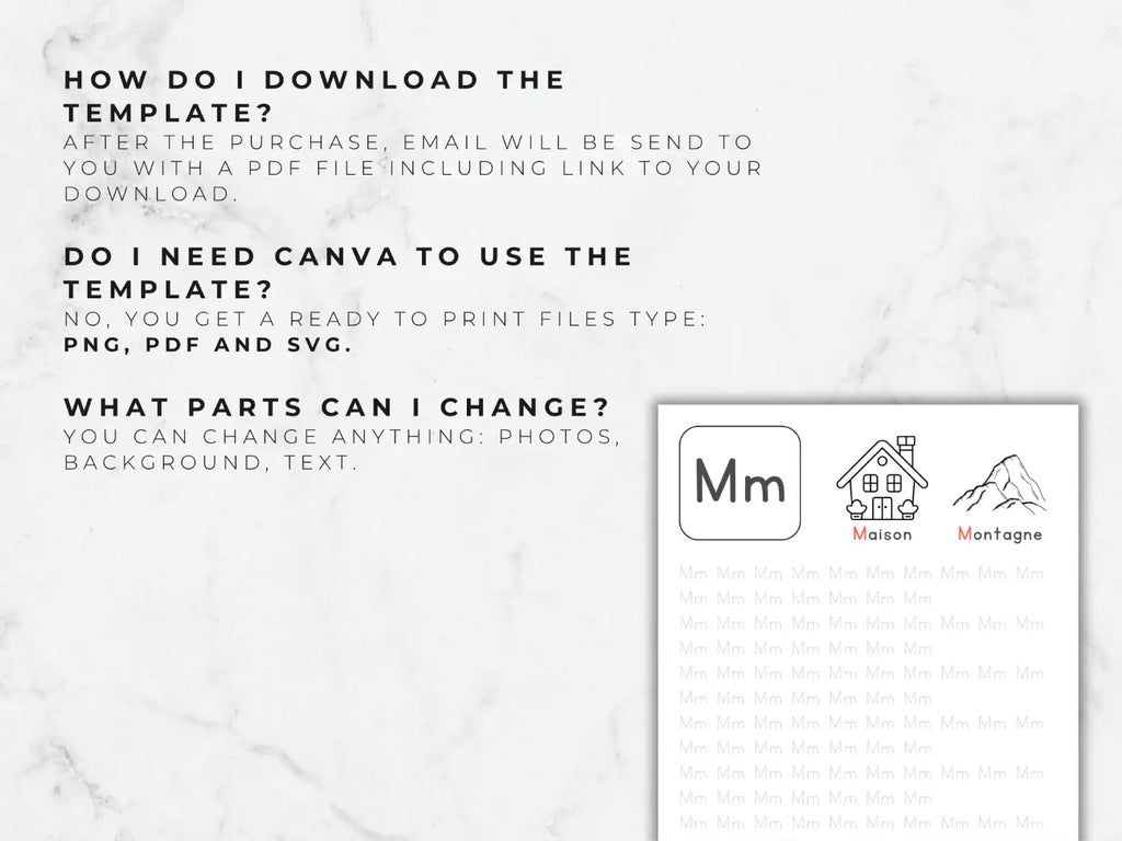 Instructions on downloading a template with icons and text on a marble background