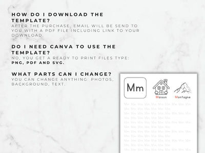 Instructions on downloading a template with icons and text on a marble background
