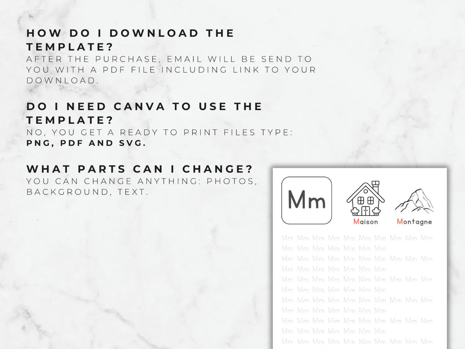 Instructions on downloading a template with icons and text on a marble background