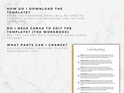 Instructions on downloading and editing a template with text and a checklist on a marble background.