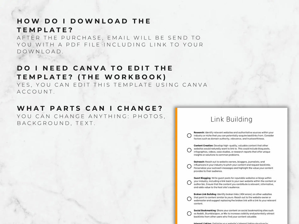 Instructions on downloading and editing a template with text and a checklist on a marble background.