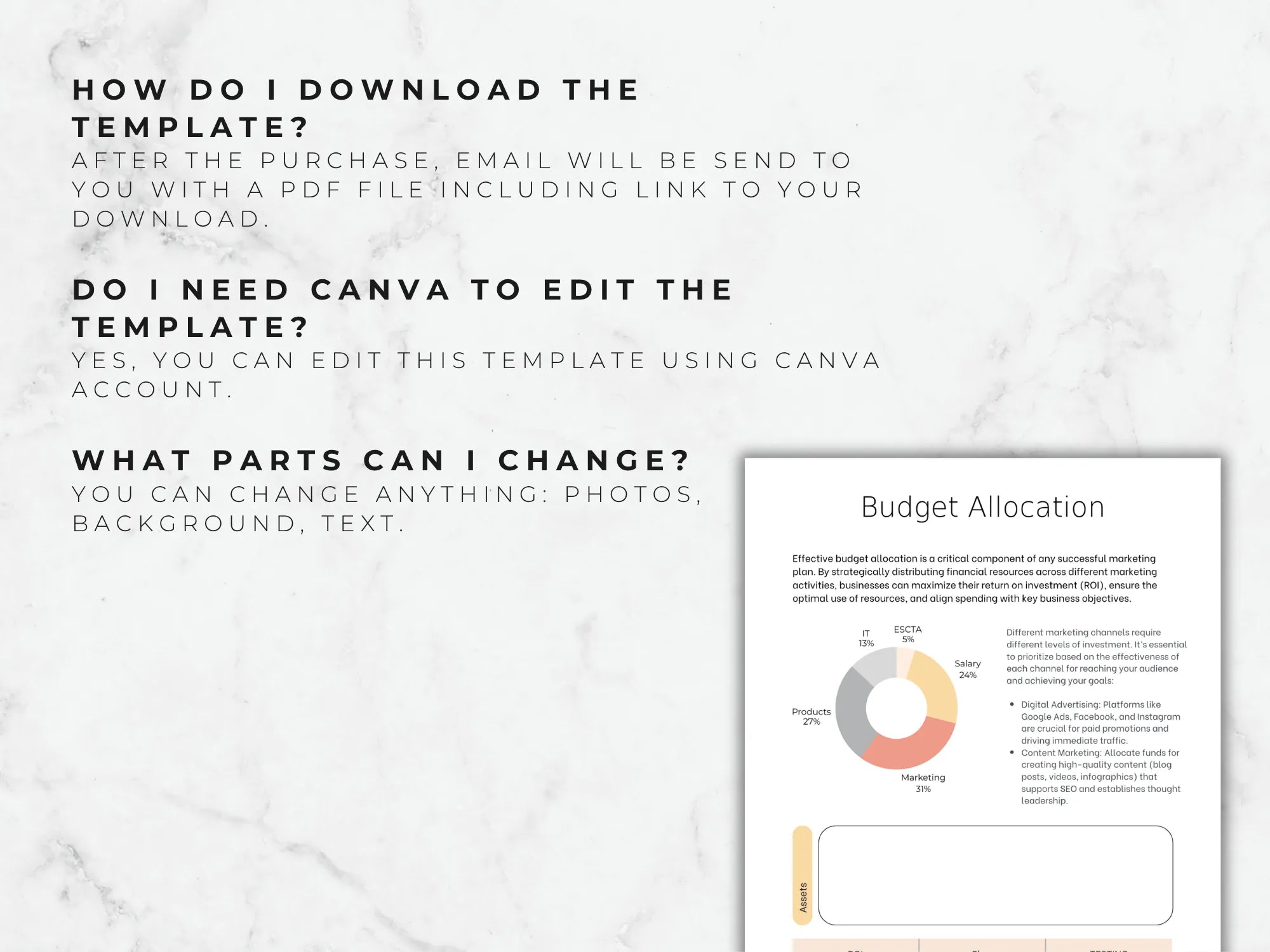 Budget allocation template with a pie chart on a marble background