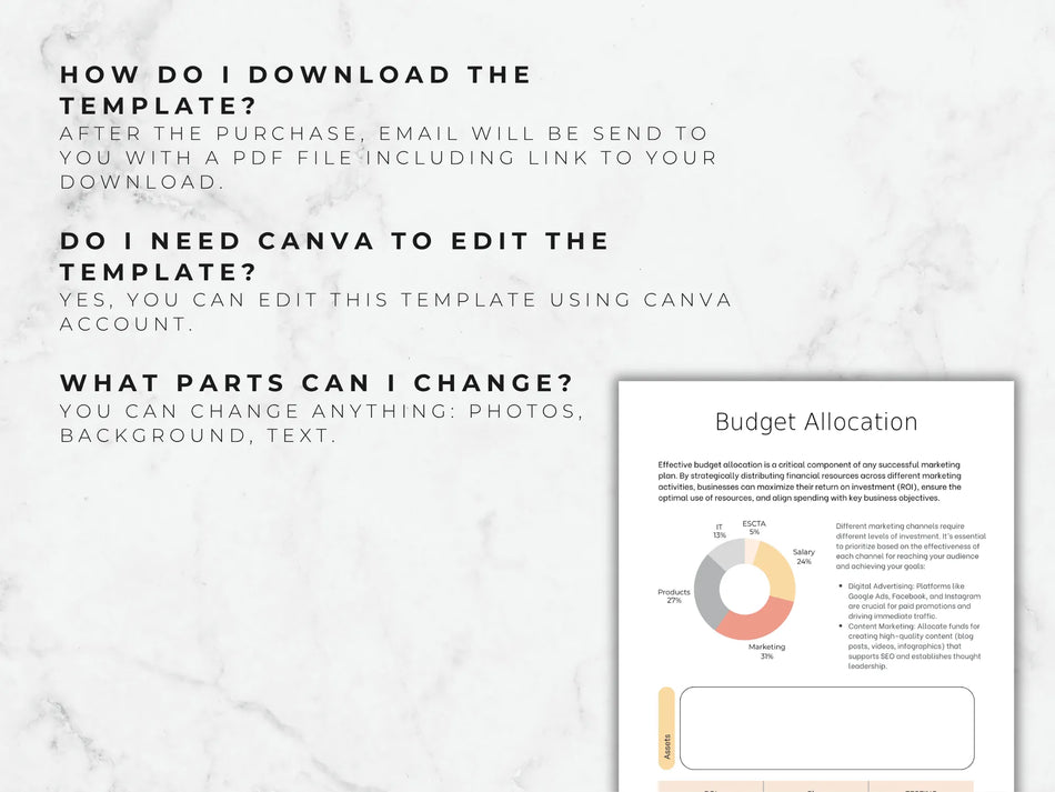 Budget allocation template with a pie chart on a marble background