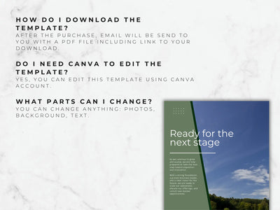 An instructional page explaining how to receive the PDF download link and confirming that all photos, text, and backgrounds are customizable