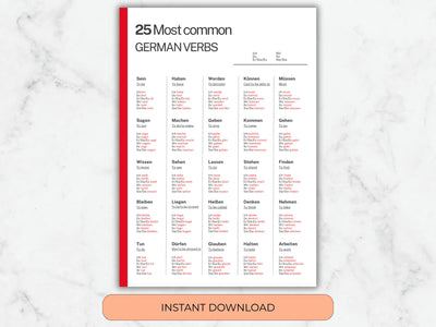 Sheet of paper with German verbs on a marble background
