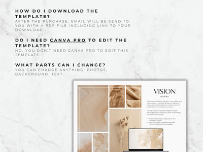 Vision board template with text on a marble background