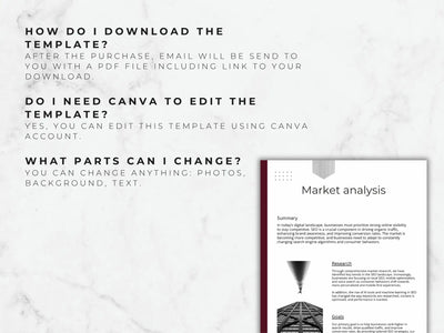 A page explaining how to download and edit the file alongside a sample Market Analysis document