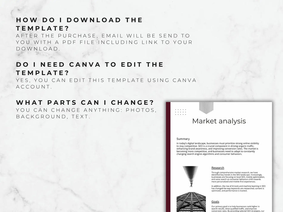 A page explaining how to download and edit the file alongside a sample Market Analysis document