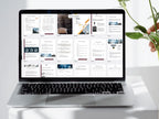 A laptop screen displaying a grid of many different business planning pages being edited in a design tool