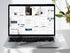 A laptop screen displaying a grid of many different business planning pages being edited in a design tool