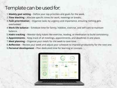 Laptop displaying a productivity template with text on a white background