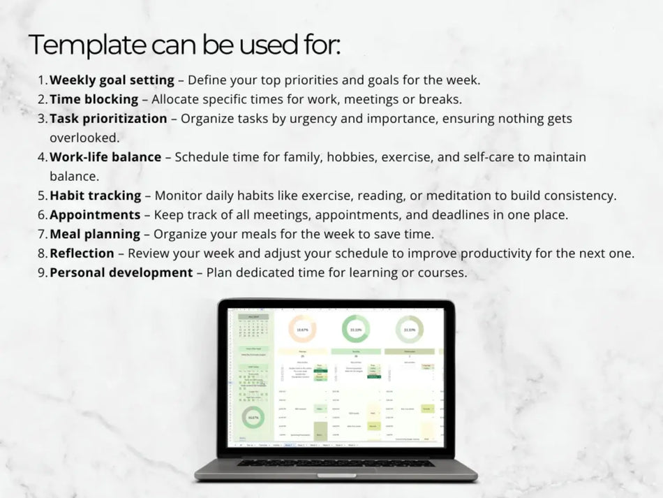 Laptop displaying a productivity template with text on a white background