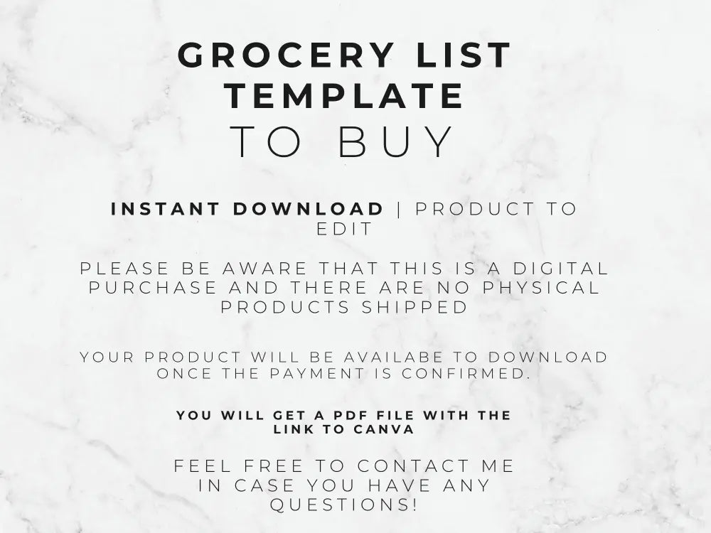 Text on a marble background describing a grocery list template offer.
