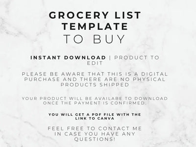 Text on a marble background describing a grocery list template offer.