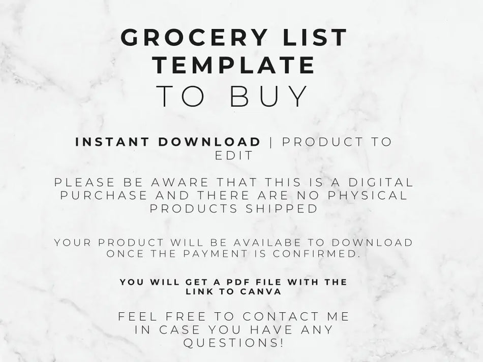 Text on a marble background describing a grocery list template offer.