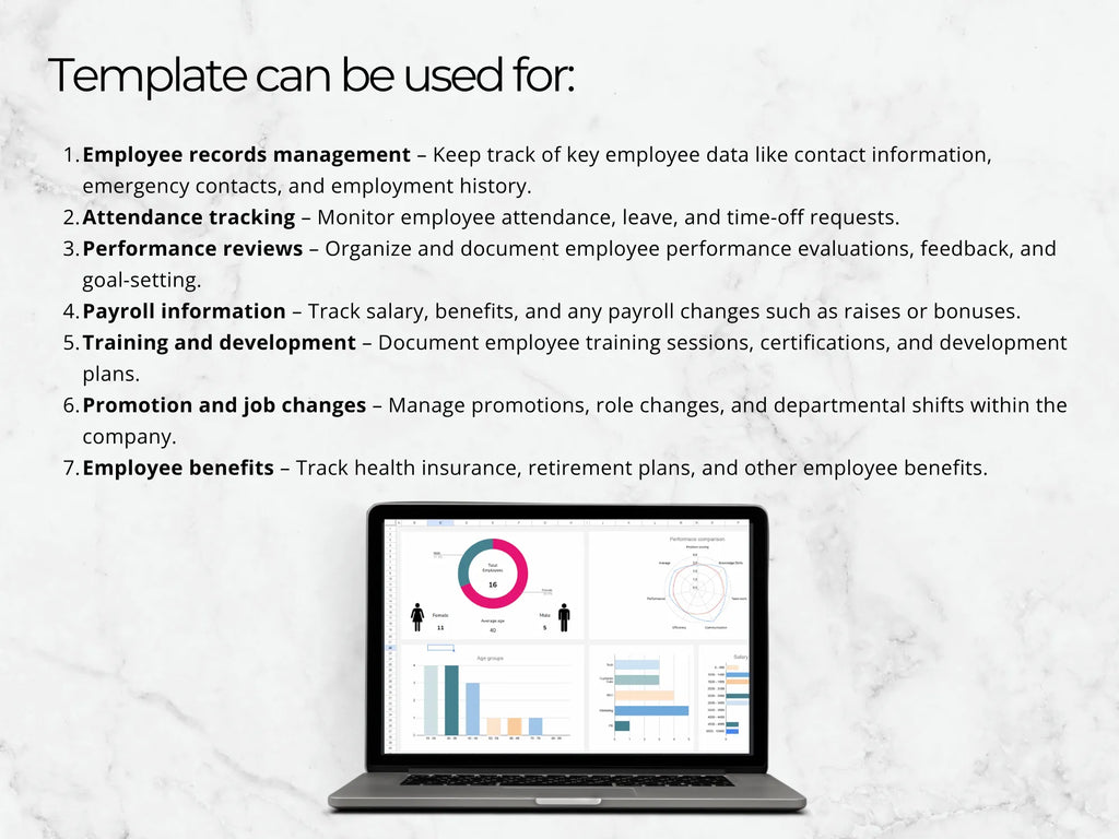 Laptop displaying a software interface with charts and graphs on a marble background