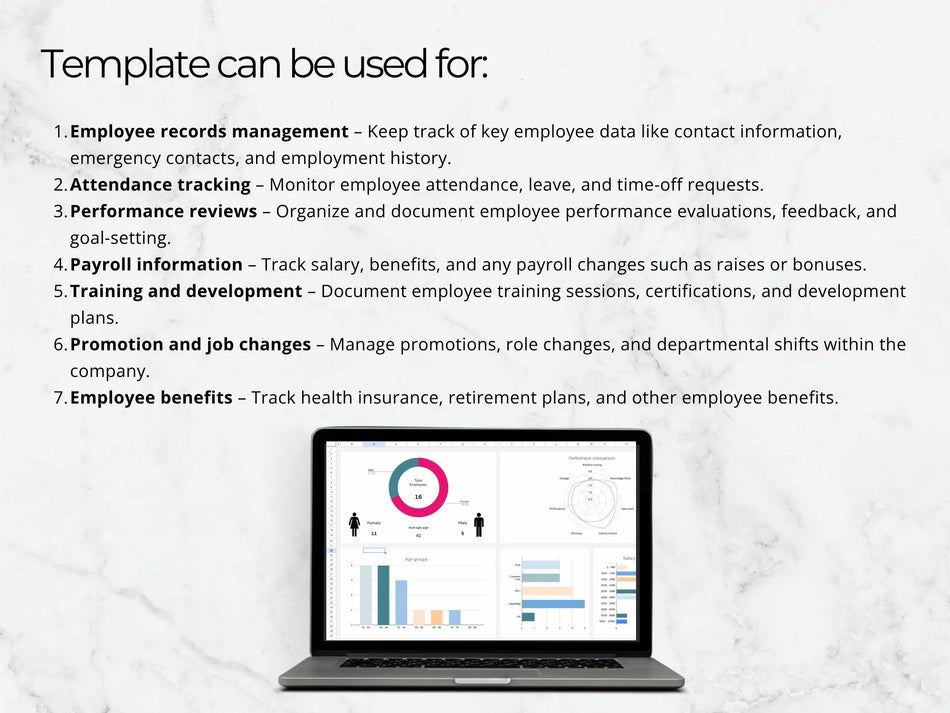 Laptop displaying a software interface with charts and graphs on a marble background