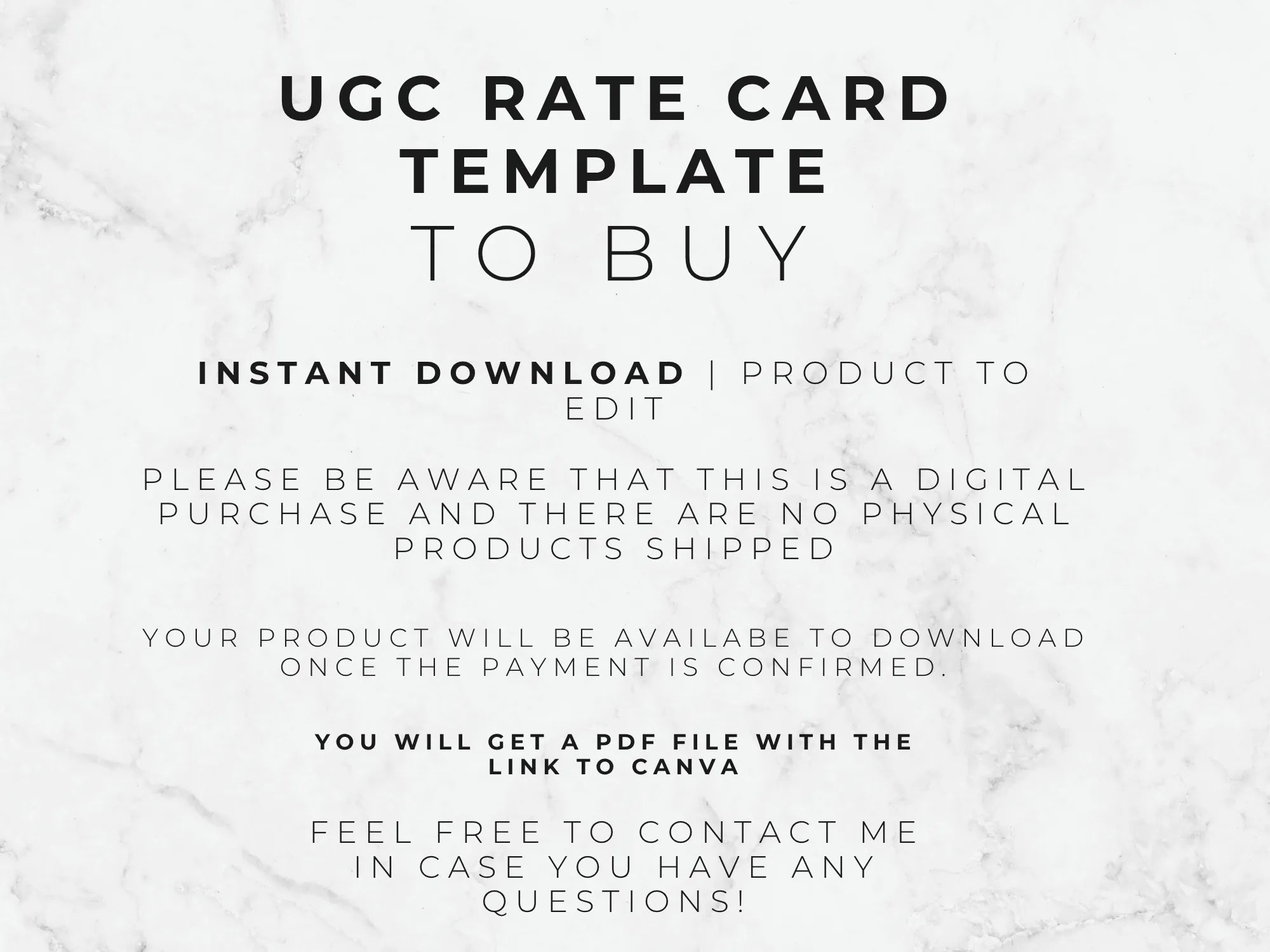 Text on a marble background describing a UGC rate card template for instant download.
