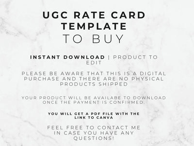 Text on a marble background describing a UGC rate card template for instant download.