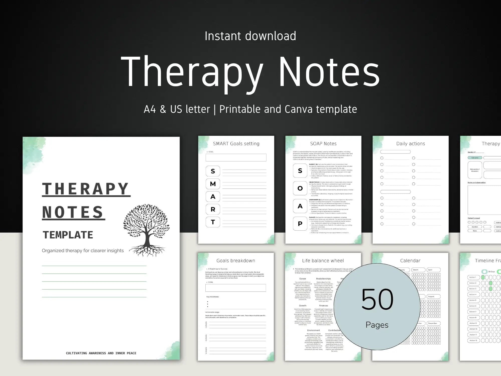 Therapy notes template with various pages displayed on a black background