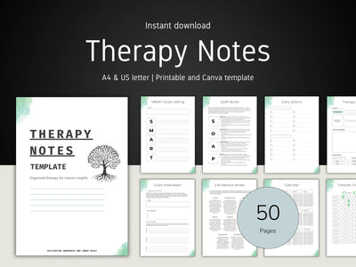 Therapy notes template with various pages displayed on a black background