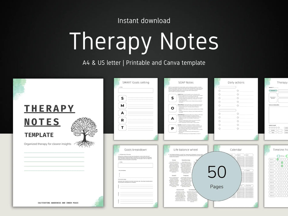 Therapy notes template with various pages displayed on a black background