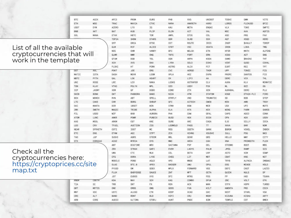 Sheet of paper with a list of cryptocurrencies on a light gray background