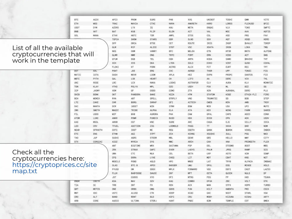 Sheet of paper with a list of cryptocurrencies on a light gray background