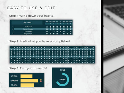 Digital habit tracker app interface with steps to use and edit, showing a laptop and keyboard in the background.