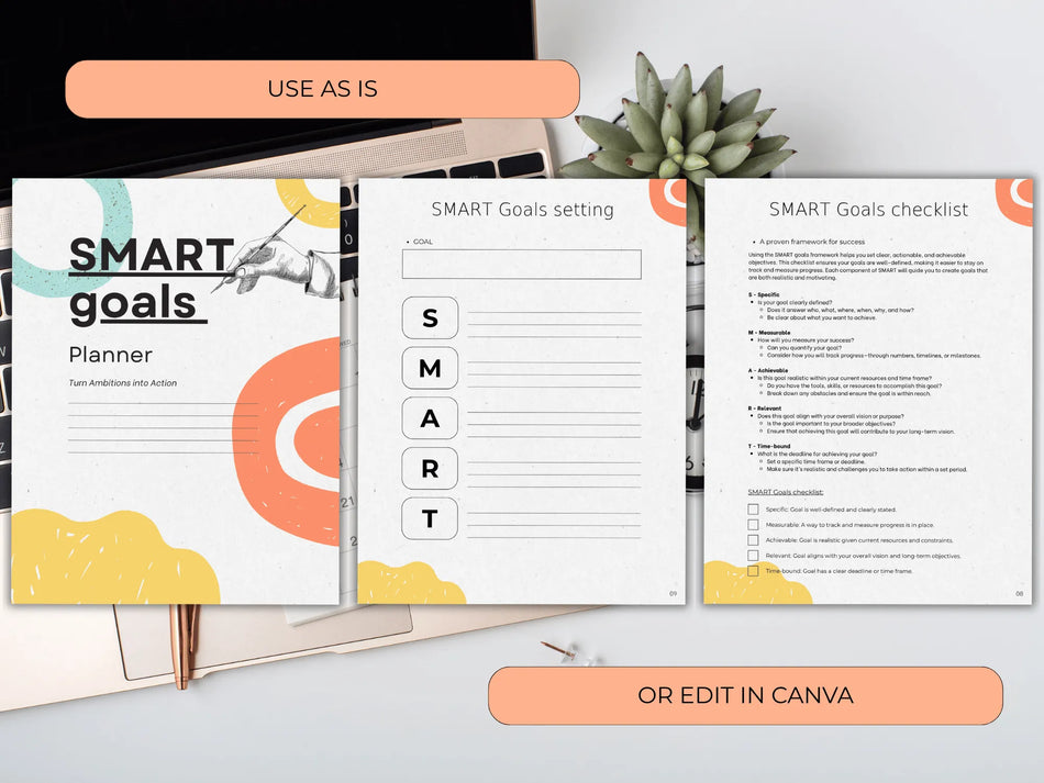 SMART goals planner with sections for setting, checking, and editing in Canva.