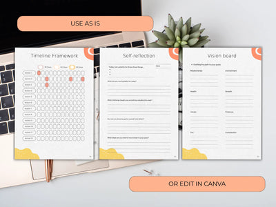 Debt tracker sheets on a desk with text 'Use as is' and 'Edit in Canva'.