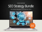 Laptop displaying an SEO Strategy Bundle graphic featuring a digital download marketing toolkit