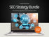 Laptop displaying an SEO Strategy Bundle graphic featuring a digital download marketing toolkit