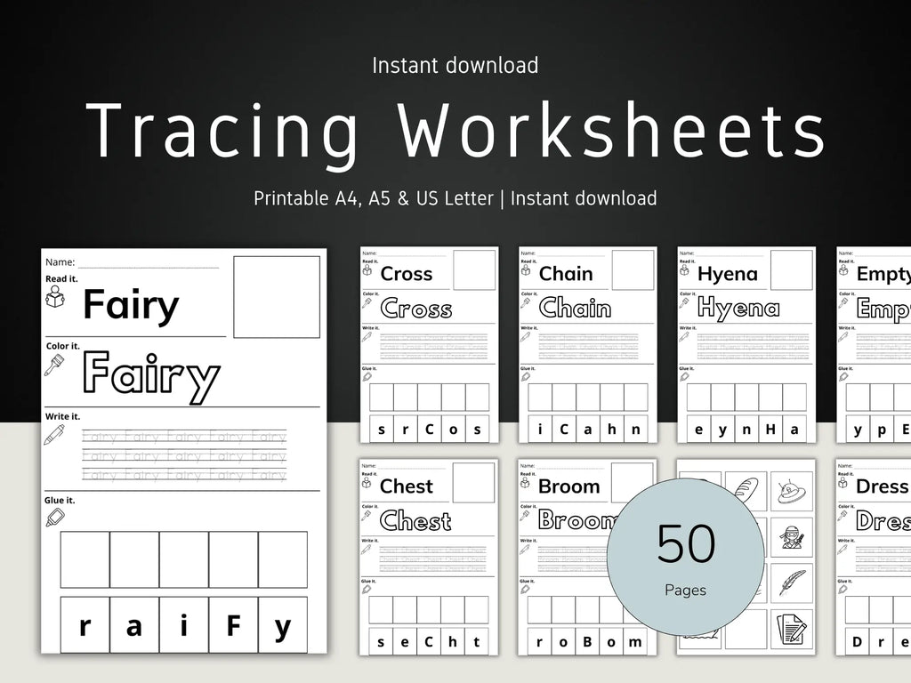 Digital preview of printable tracing worksheets for letters A-Z, with a large title reading 'Tracing Worksheets' and a '50 Pages' badge over several sample worksheet pages on a dark background.