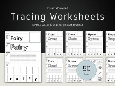 Digital preview of printable tracing worksheets for letters A-Z, with a large title reading 'Tracing Worksheets' and a '50 Pages' badge over several sample worksheet pages on a dark background.