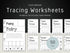 Digital preview of printable tracing worksheets for letters A-Z, with a large title reading 'Tracing Worksheets' and a '50 Pages' badge over several sample worksheet pages on a dark background.