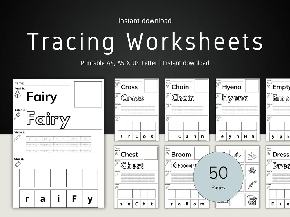 Digital preview of printable tracing worksheets for letters A-Z, with a large title reading 'Tracing Worksheets' and a '50 Pages' badge over several sample worksheet pages on a dark background.