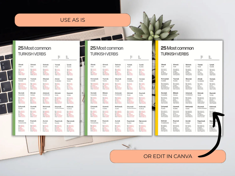 Open book with Russian verb lists on a desk with a keyboard and plant.